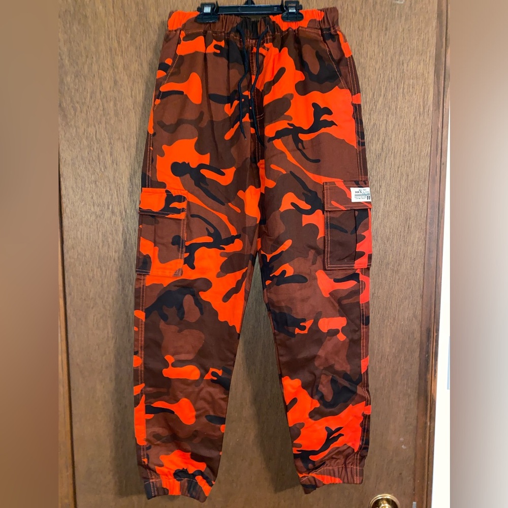 orange camouflage drawstring cargo pants